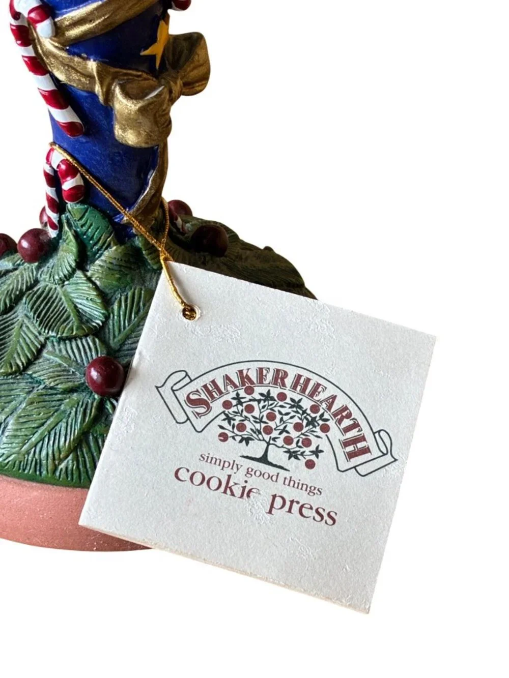 VINTAGE Shaker Hearth Cookie Press Blue Gold Stars Candy Cane Terracotta Handle